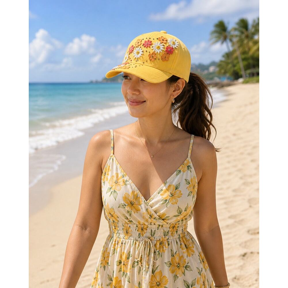 Handcrafted Yellow Floral Rhinestone Bling accented Streetwear Baseball Cap Hat